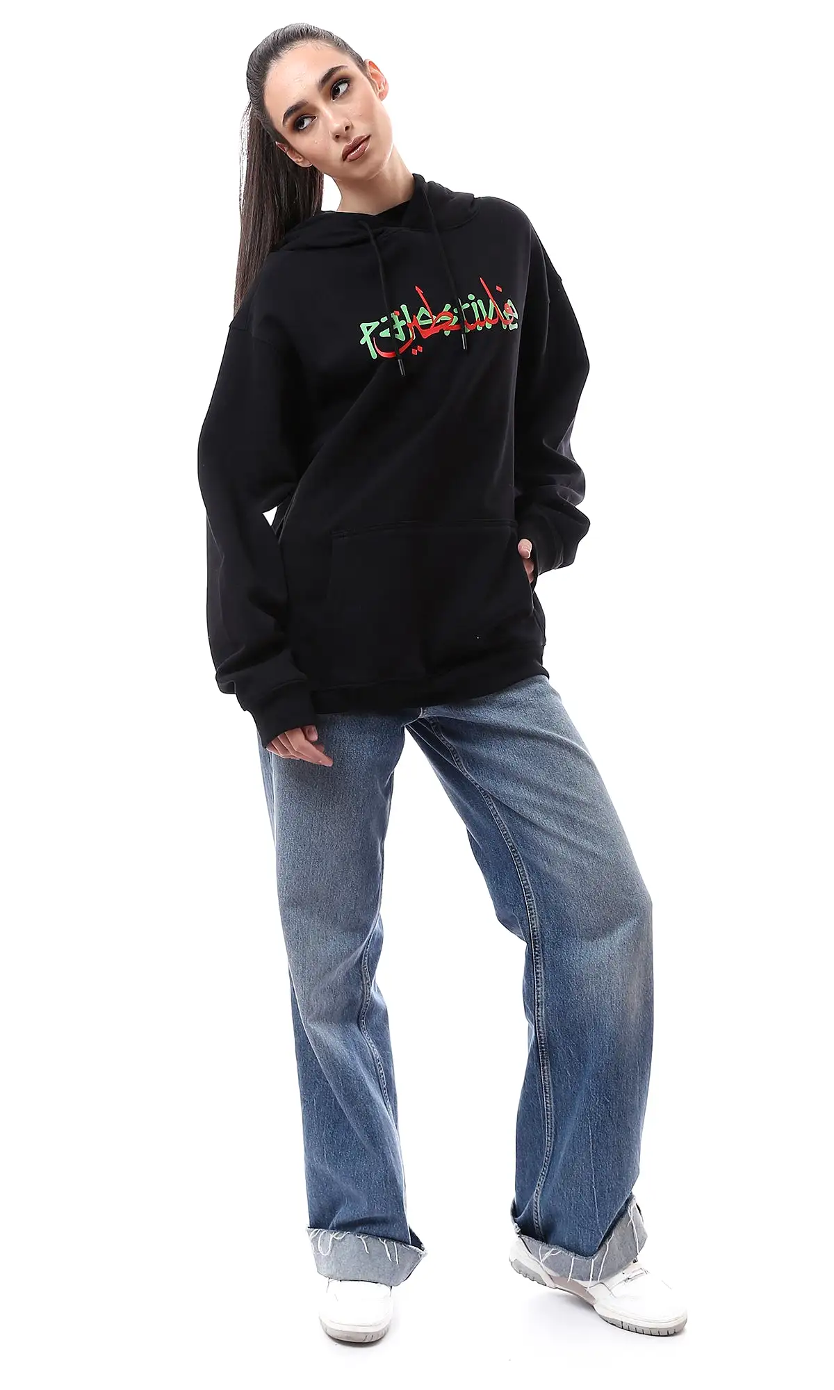 O176718 Palestine Long Sleeves Black Printed Hoodie