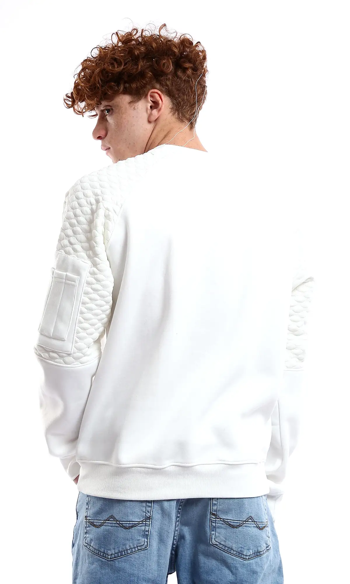 O178002 Off-White Self Pattern Sleeves Solid Sweatshirt