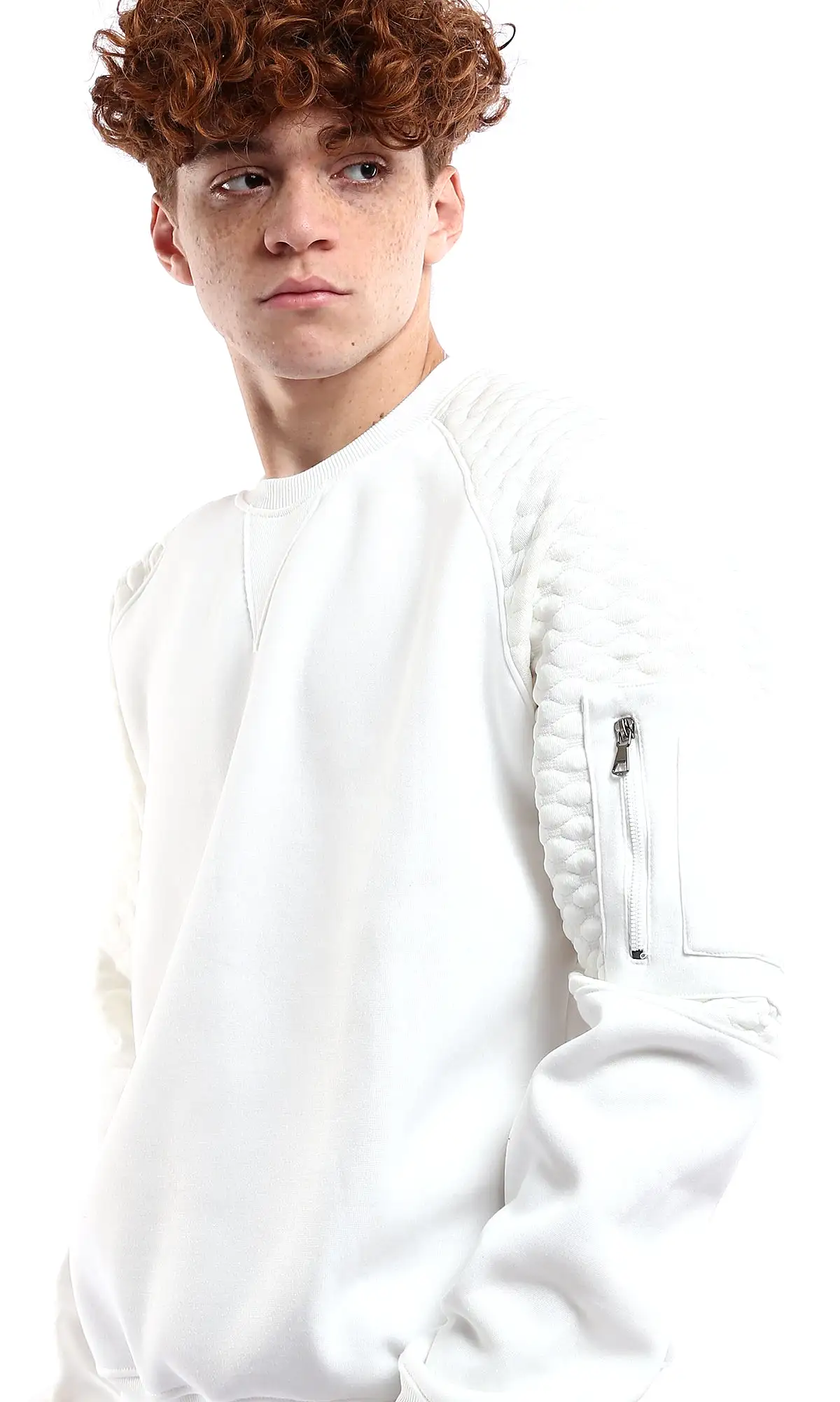 O178002 Off-White Self Pattern Sleeves Solid Sweatshirt