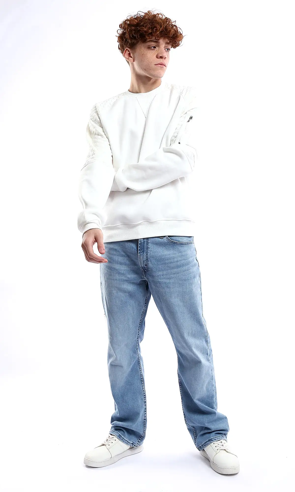 O178002 Off-White Self Pattern Sleeves Solid Sweatshirt