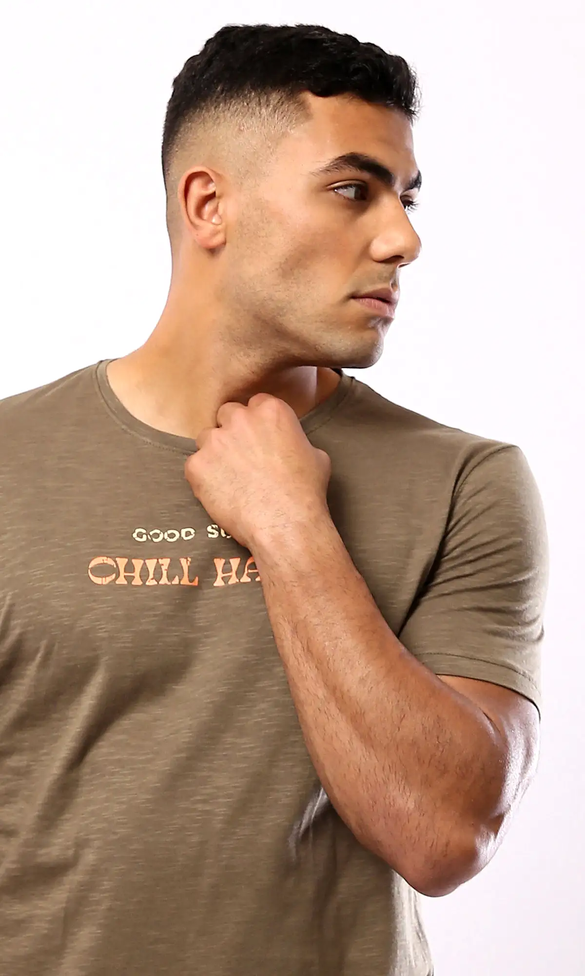 O179362 Heather Dark Khaki Round Neck Summer Tee