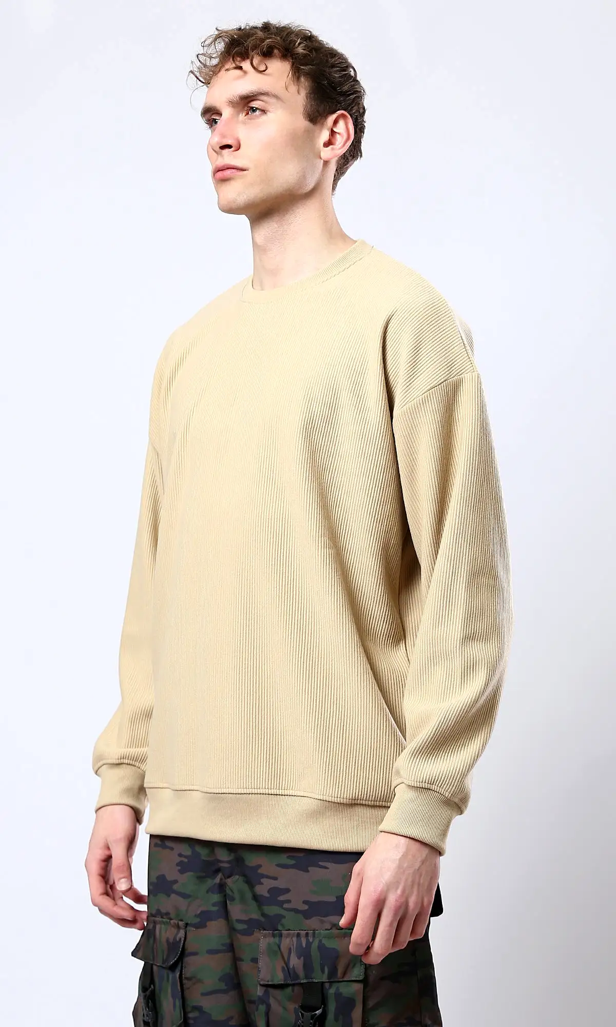 O180392 Sand Long Sleeves Ribbed Sweatshirt With Round Neck