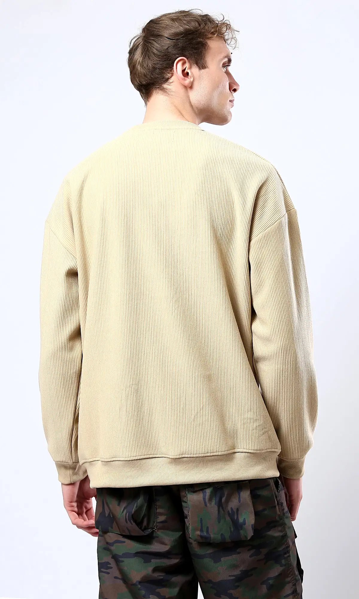 O180392 Sand Long Sleeves Ribbed Sweatshirt With Round Neck