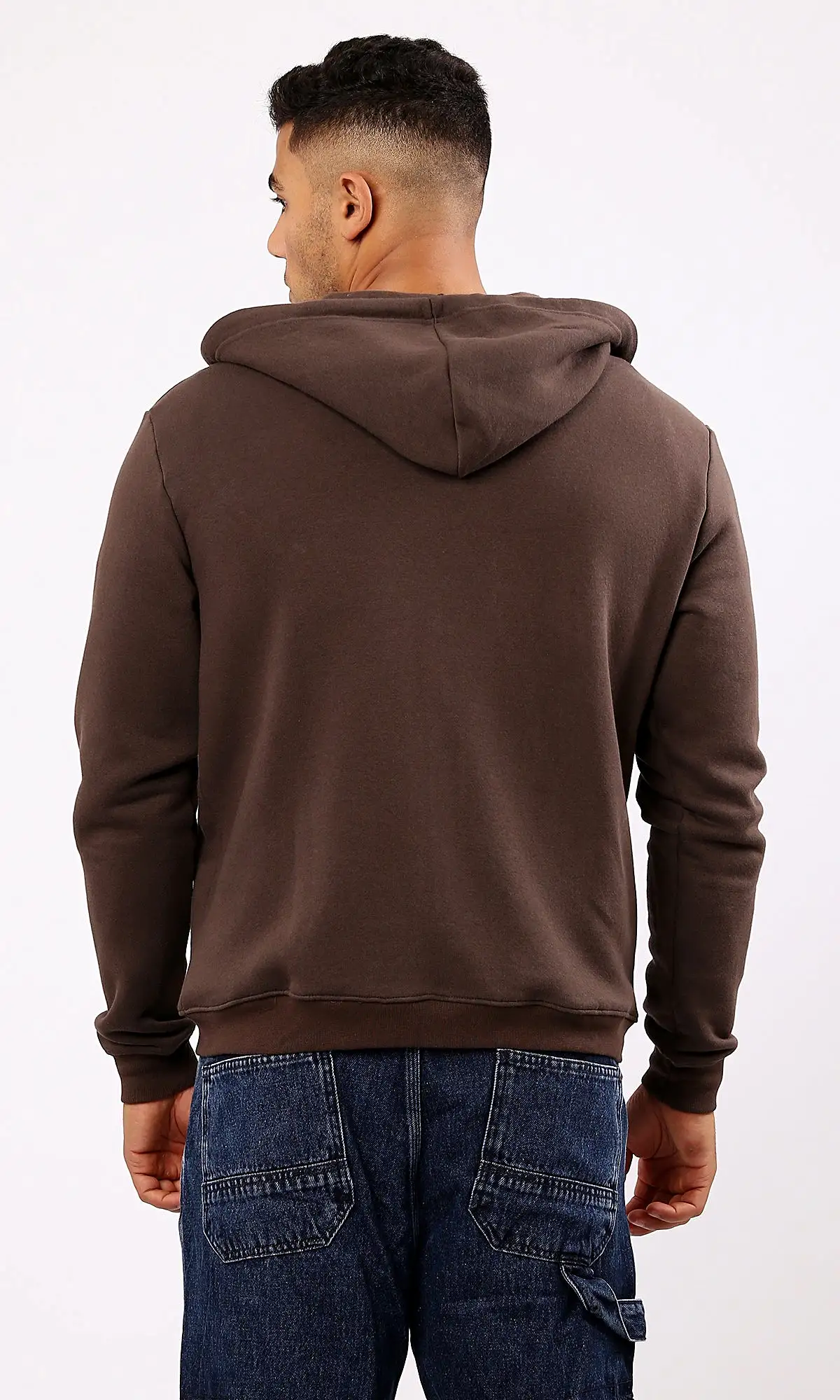 O180399 Dark Brown Long Sleeves Solid Zipped Sweatshirt