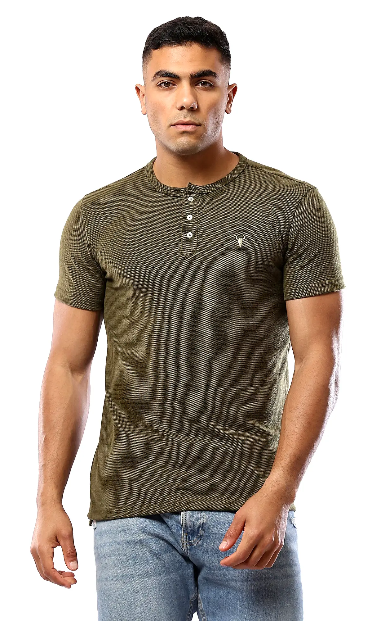 O181701 Round Neck With Buttons Heather Olive Henley Shirt