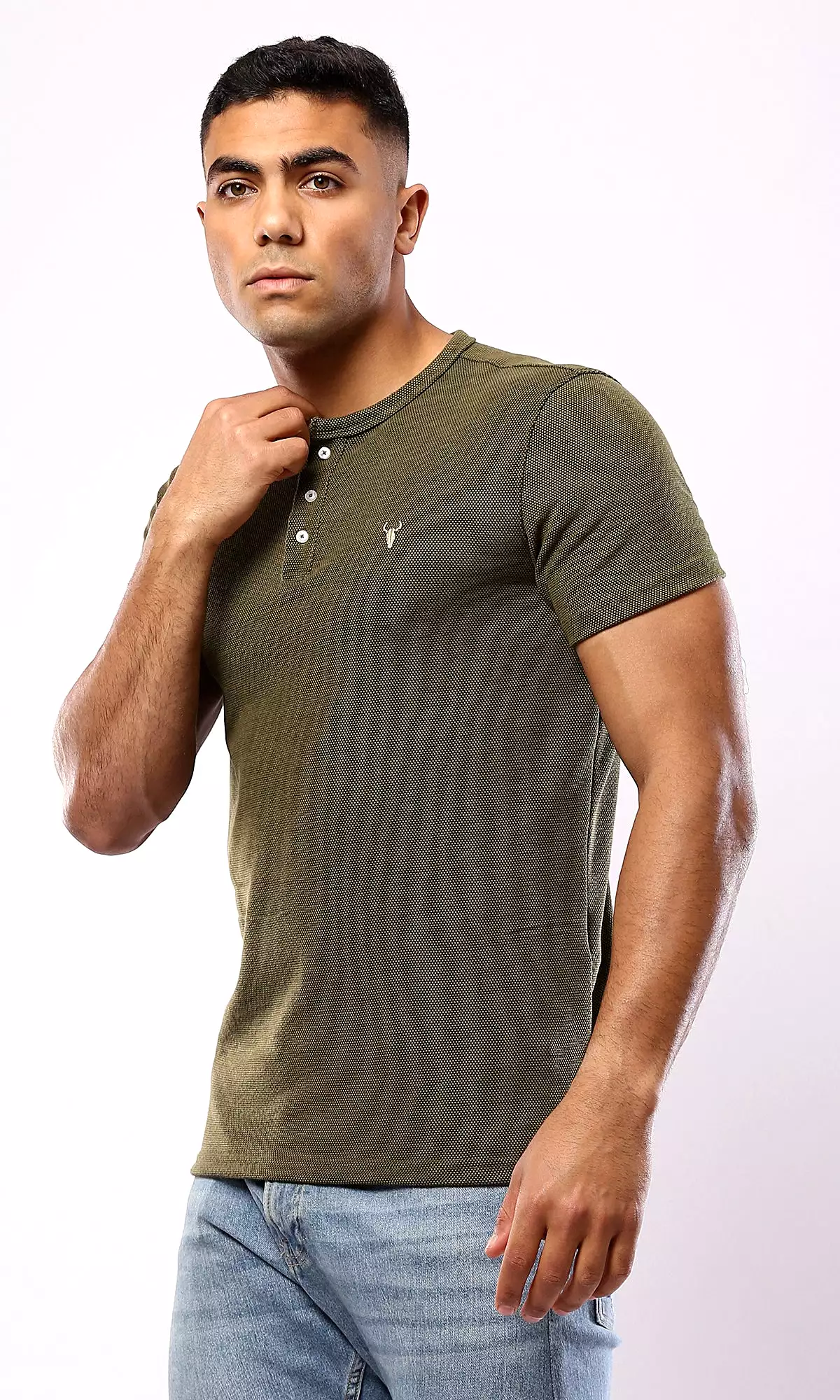 O181701 Round Neck With Buttons Heather Olive Henley Shirt