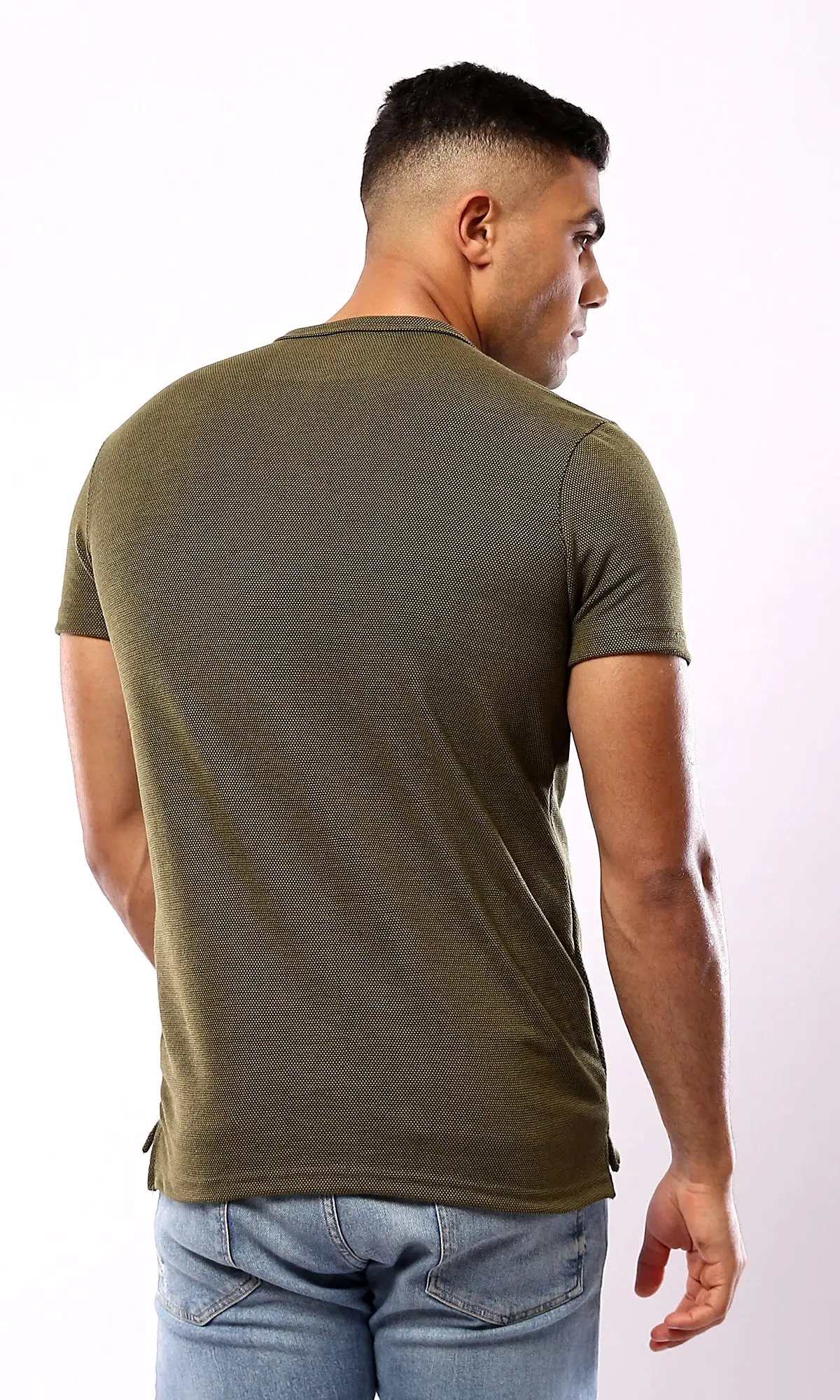 O181701 Round Neck With Buttons Heather Olive Henley Shirt