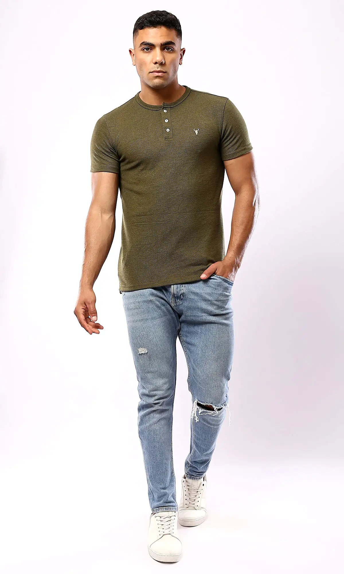 O181701 Round Neck With Buttons Heather Olive Henley Shirt