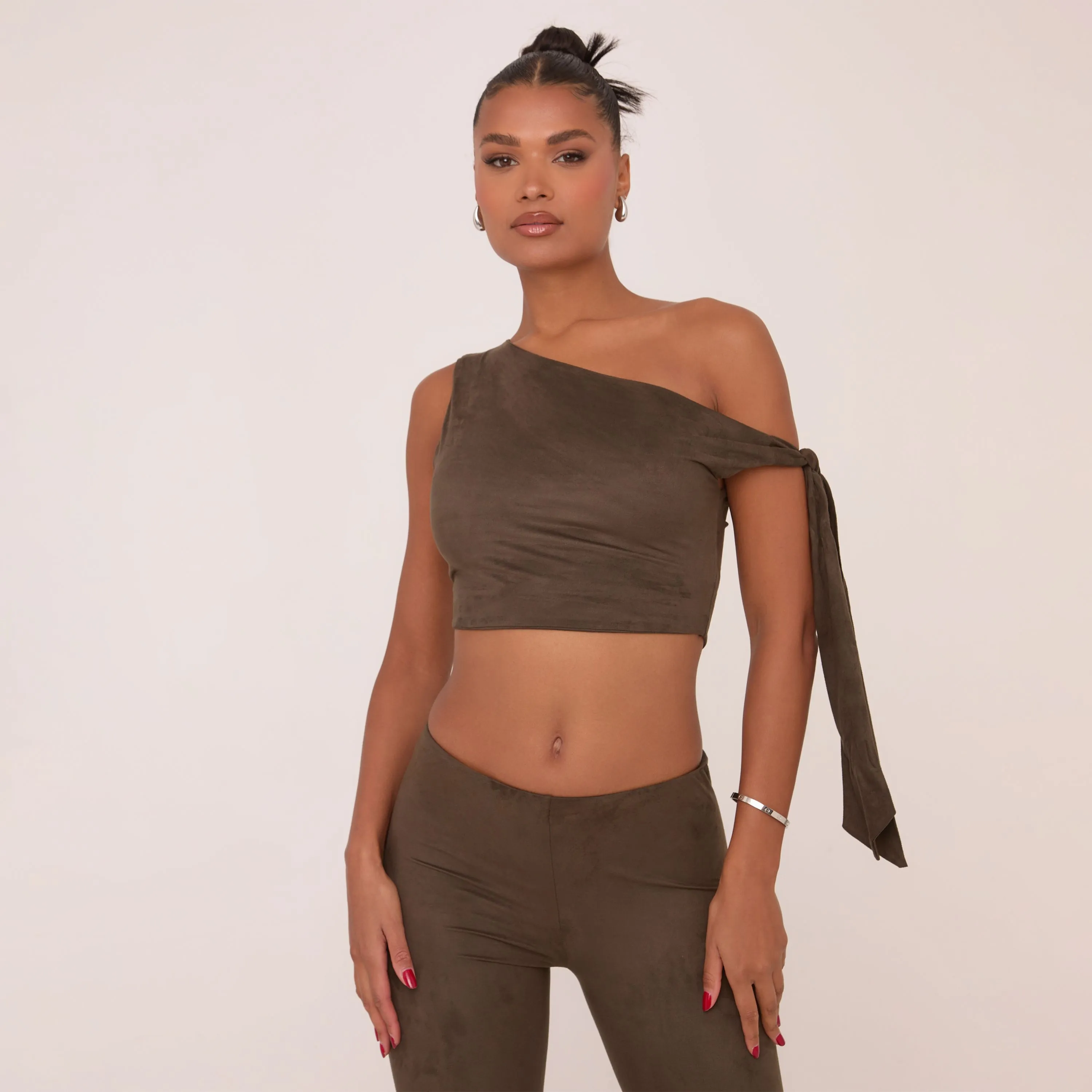 One Shoulder Tie Side Crop Top In Green Faux Suede