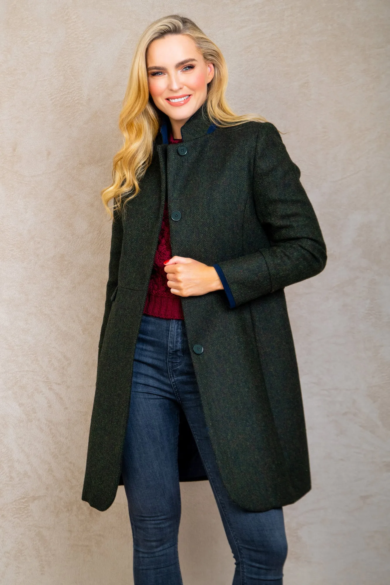 Pamela Tweed Coat - Green Herringbone