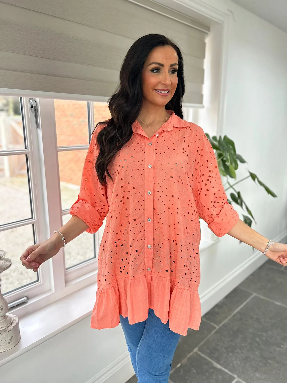 Peach Broderie Anglaise Frill Hem Tunic Devon