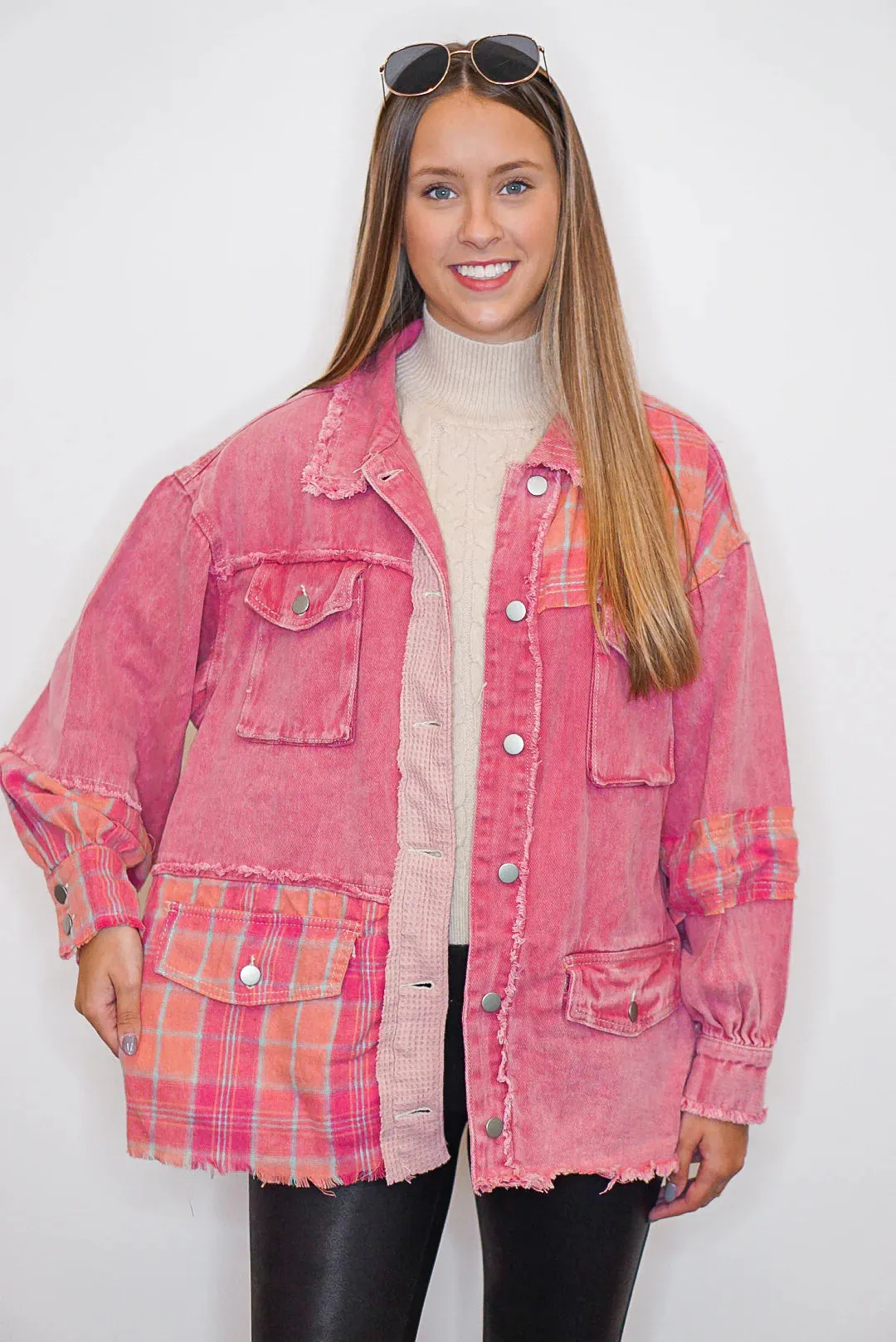 Peony Pink Frayed Patch Jacket