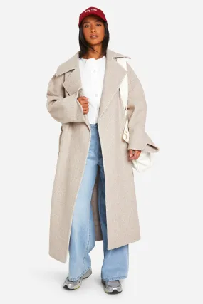 Petite Contrast Stitch Belted Wool Look Coat