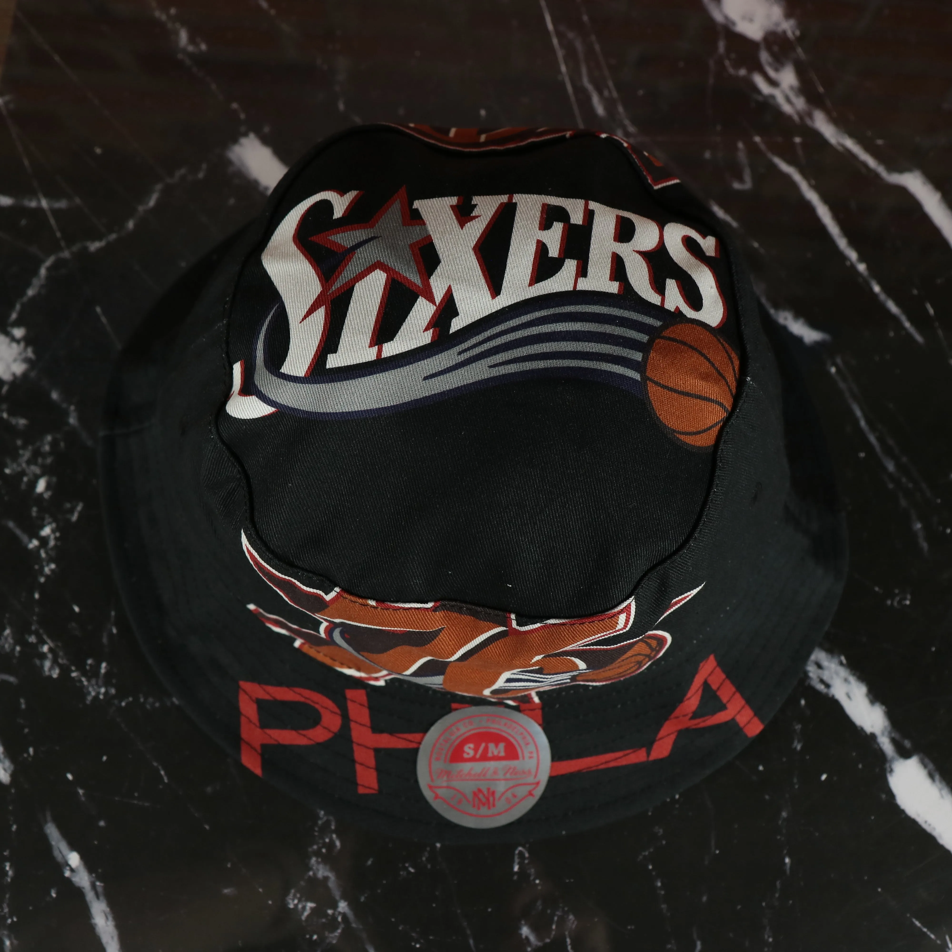 Philadelphia 76ers All Over Vintage Logo Cut Up Bucket Hat | Black