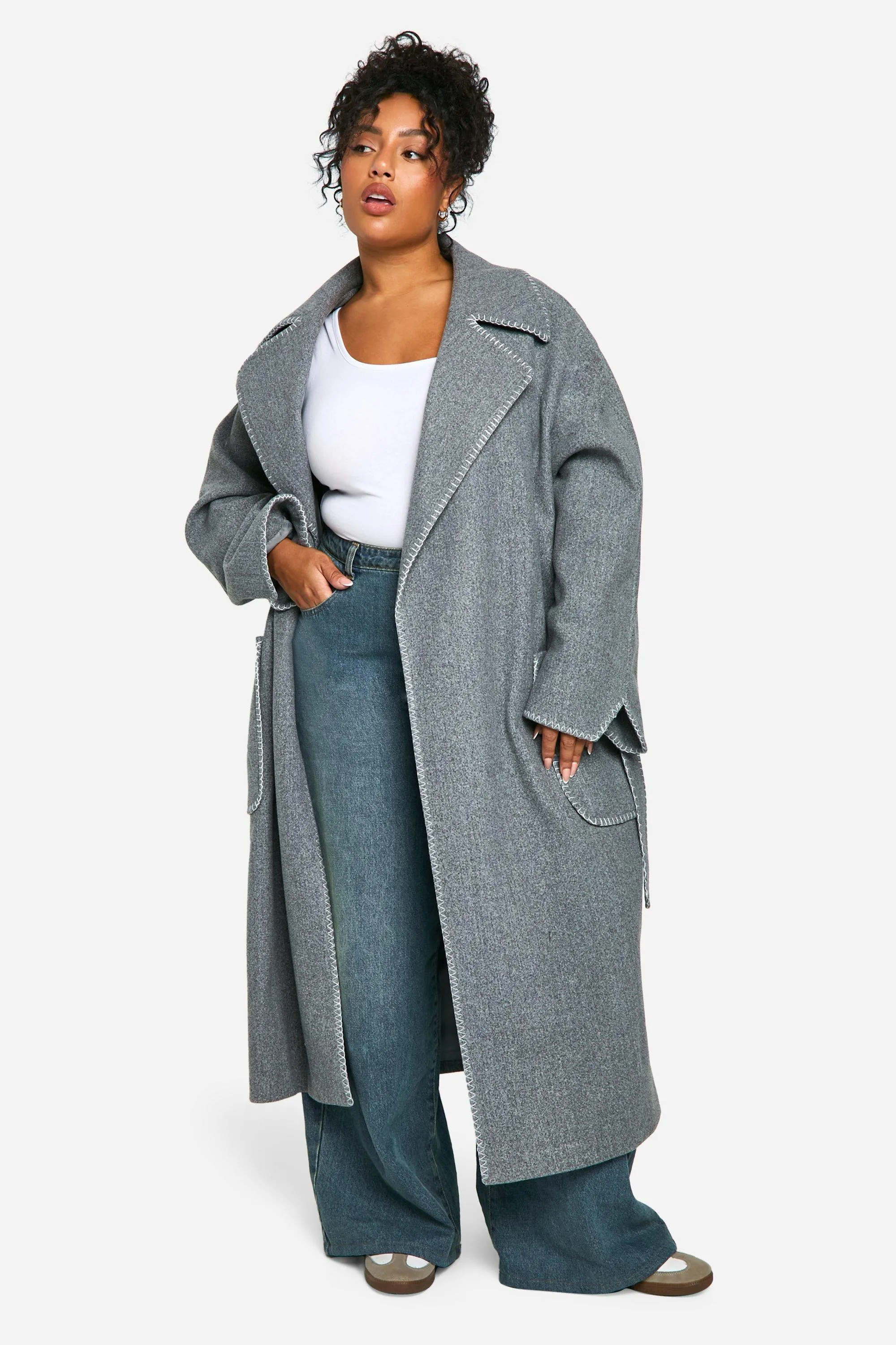 Plus Contrast Stitch Belted Wool Look Coat