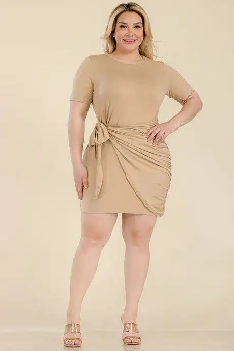 Plus Size Solid Wrap Front Tie Side Short Sleeve Mini Dress