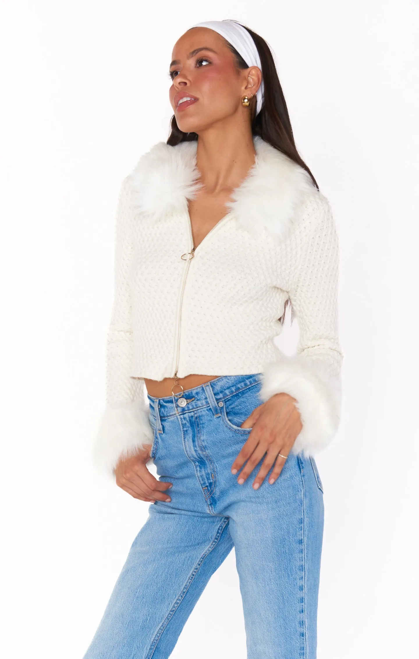 SHOW ME YOUR MUMU - ZERMATT ZIP UP - WHITE PEBBLE KNIT W/ FAUX FUR