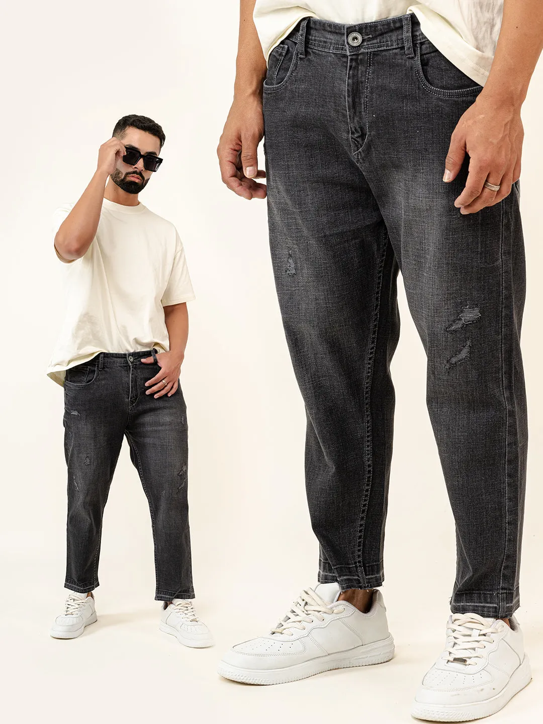 Smokey Grey Ripped Cropped Slim Fit Mens Jeans