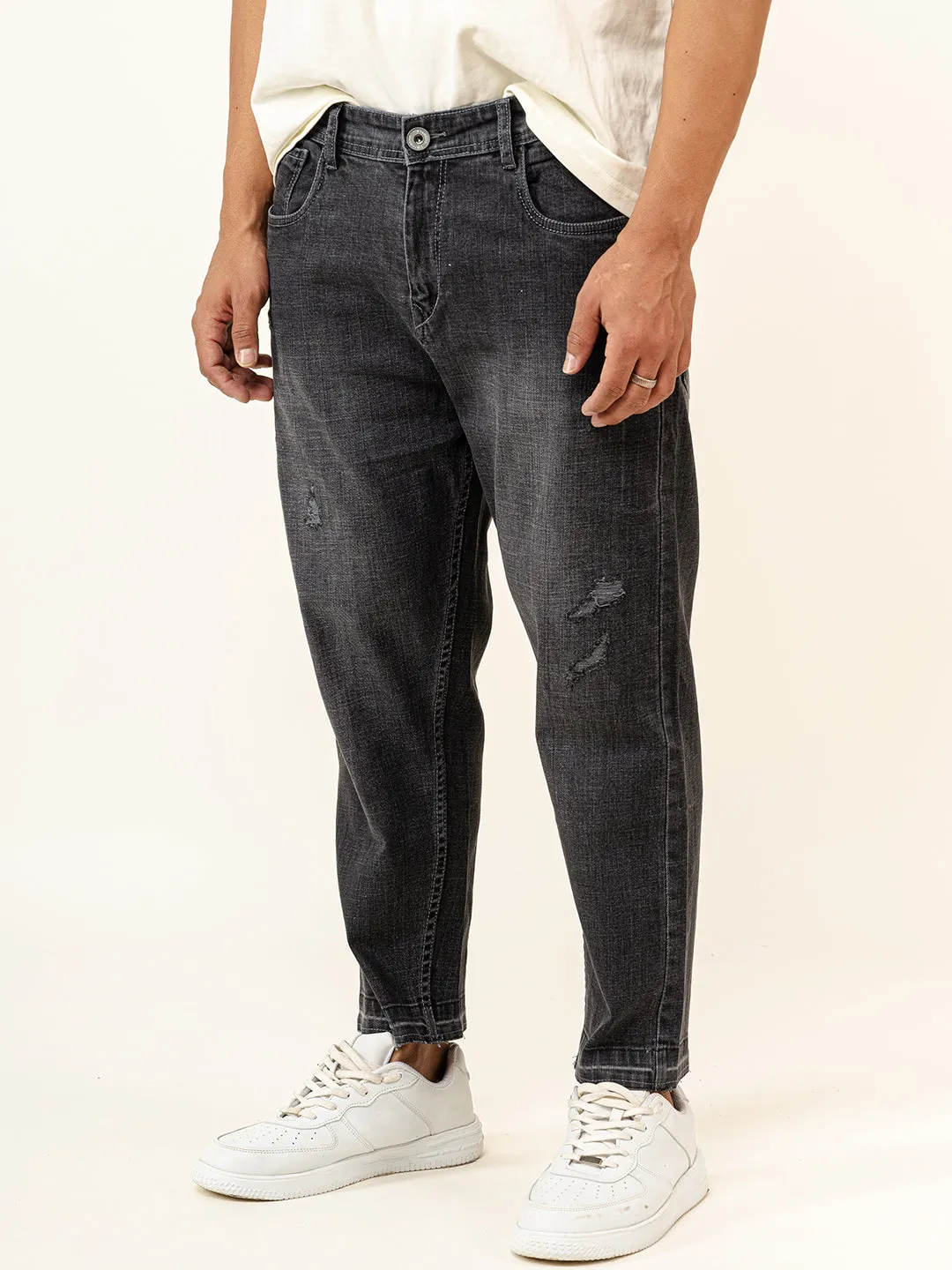 Smokey Grey Ripped Cropped Slim Fit Mens Jeans