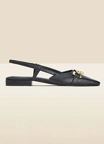 Sosandar Black Leather Pointed Toe Flat Slingback Shoes with Gold Trim | Kaleidoscope