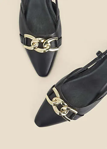 Sosandar Black Leather Pointed Toe Flat Slingback Shoes with Gold Trim | Kaleidoscope