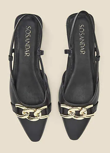 Sosandar Black Leather Pointed Toe Flat Slingback Shoes with Gold Trim | Kaleidoscope