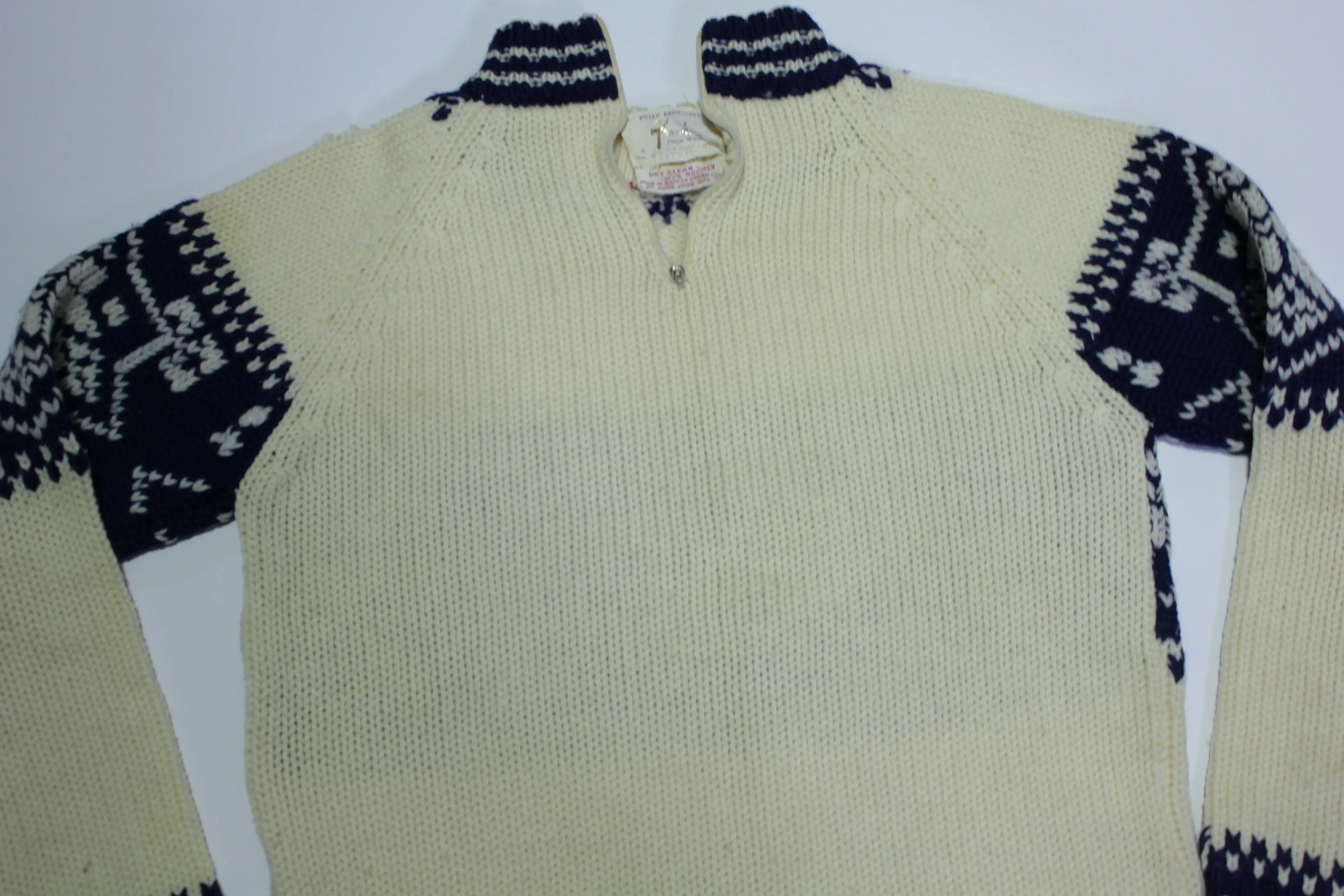 Tarni Fully Fashioned Vintage 60's Distressed Quarter Zip Knit Mock Neck Sweater