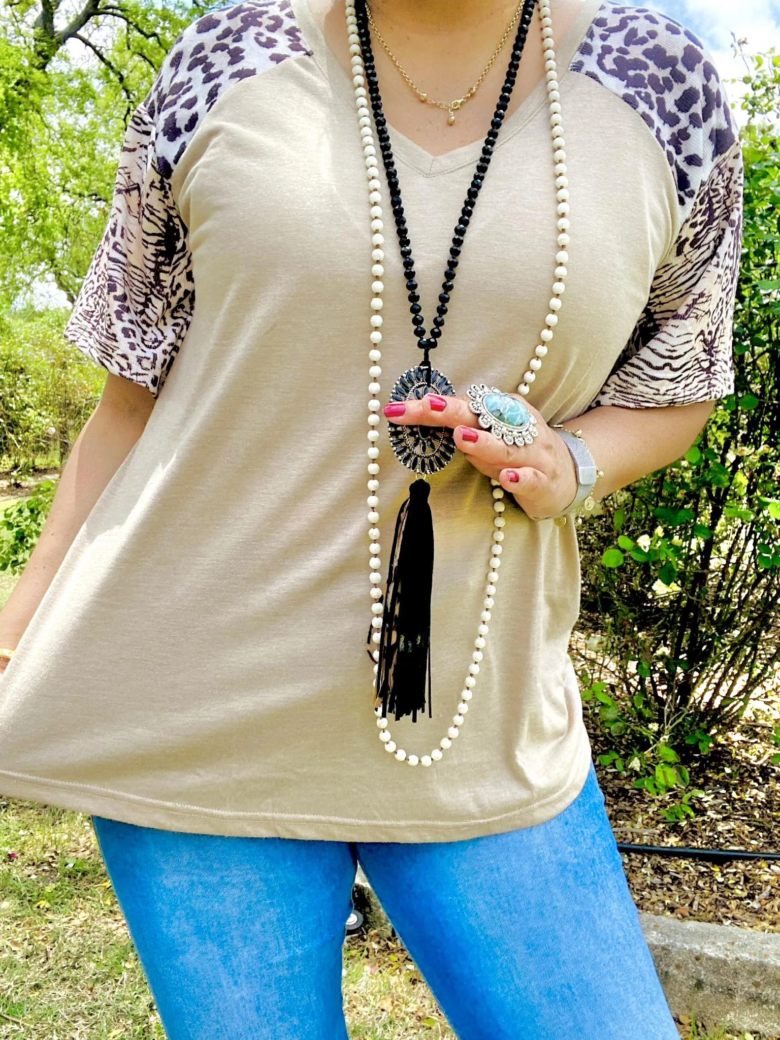 Taupe Top with leopard sleeves