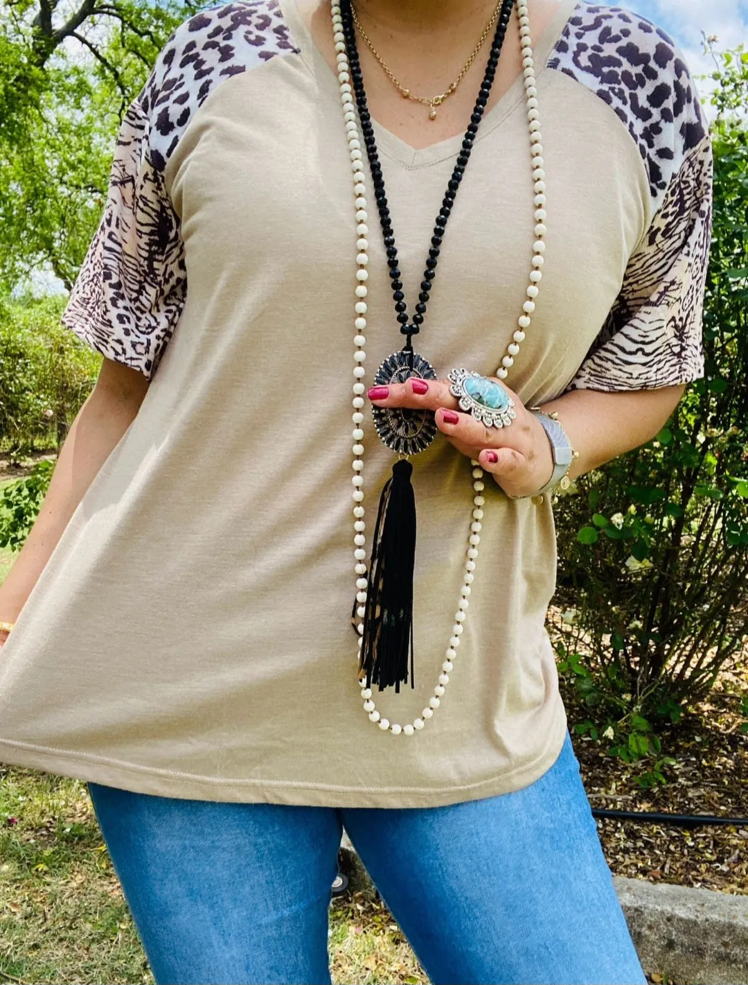 Taupe Top with leopard sleeves