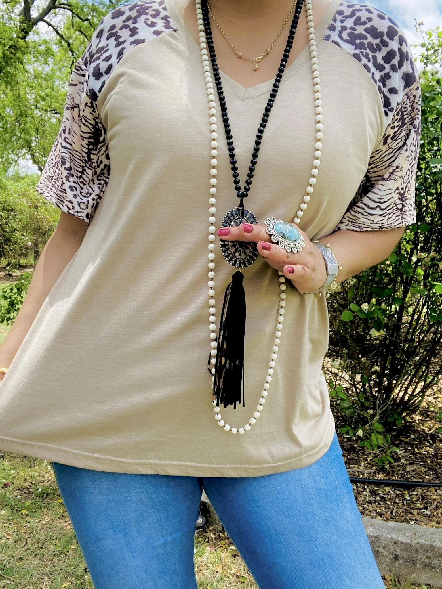 Taupe Top with leopard sleeves