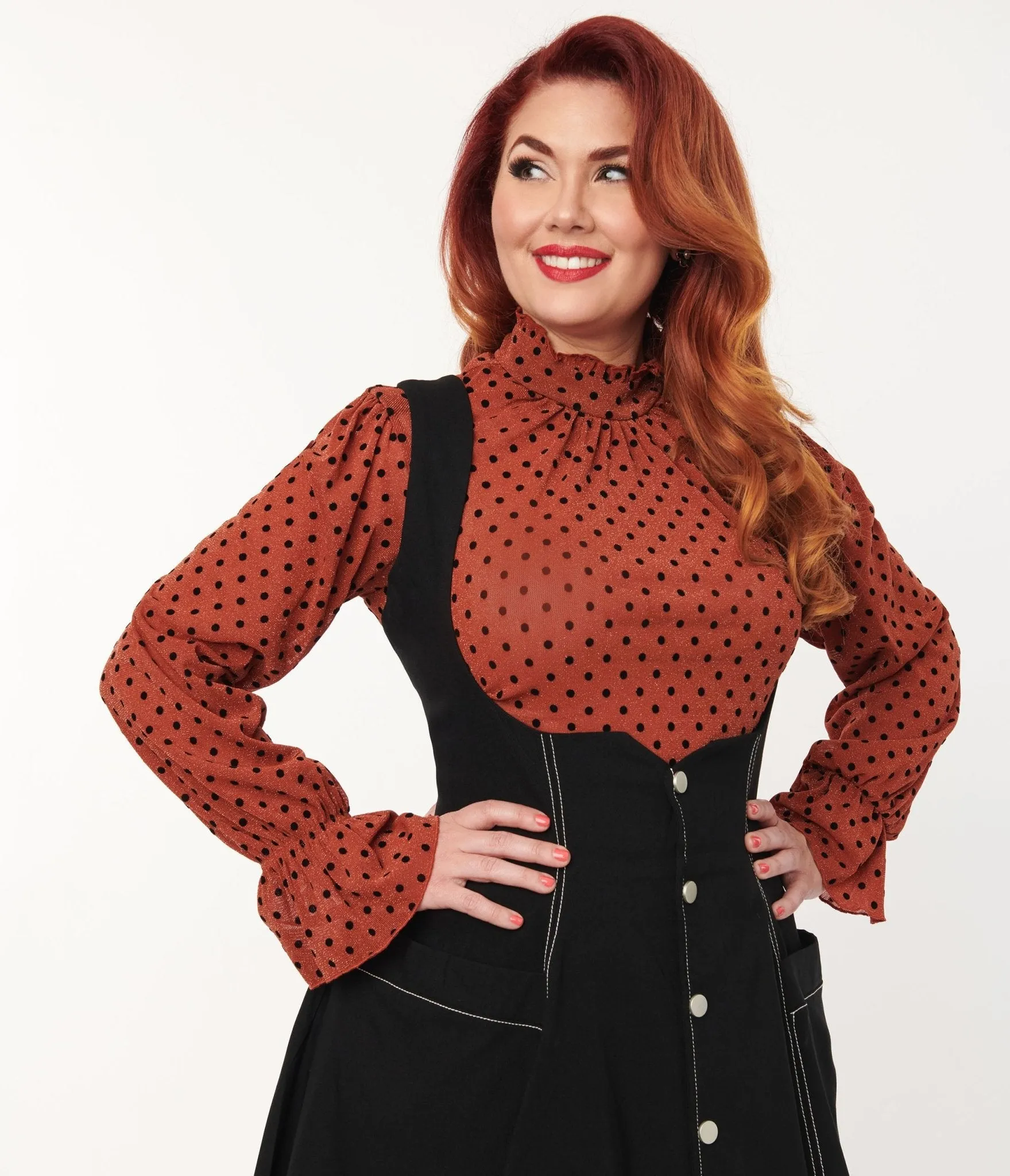 Unique Vintage Rust & Black Polka Dot Donna Blouse