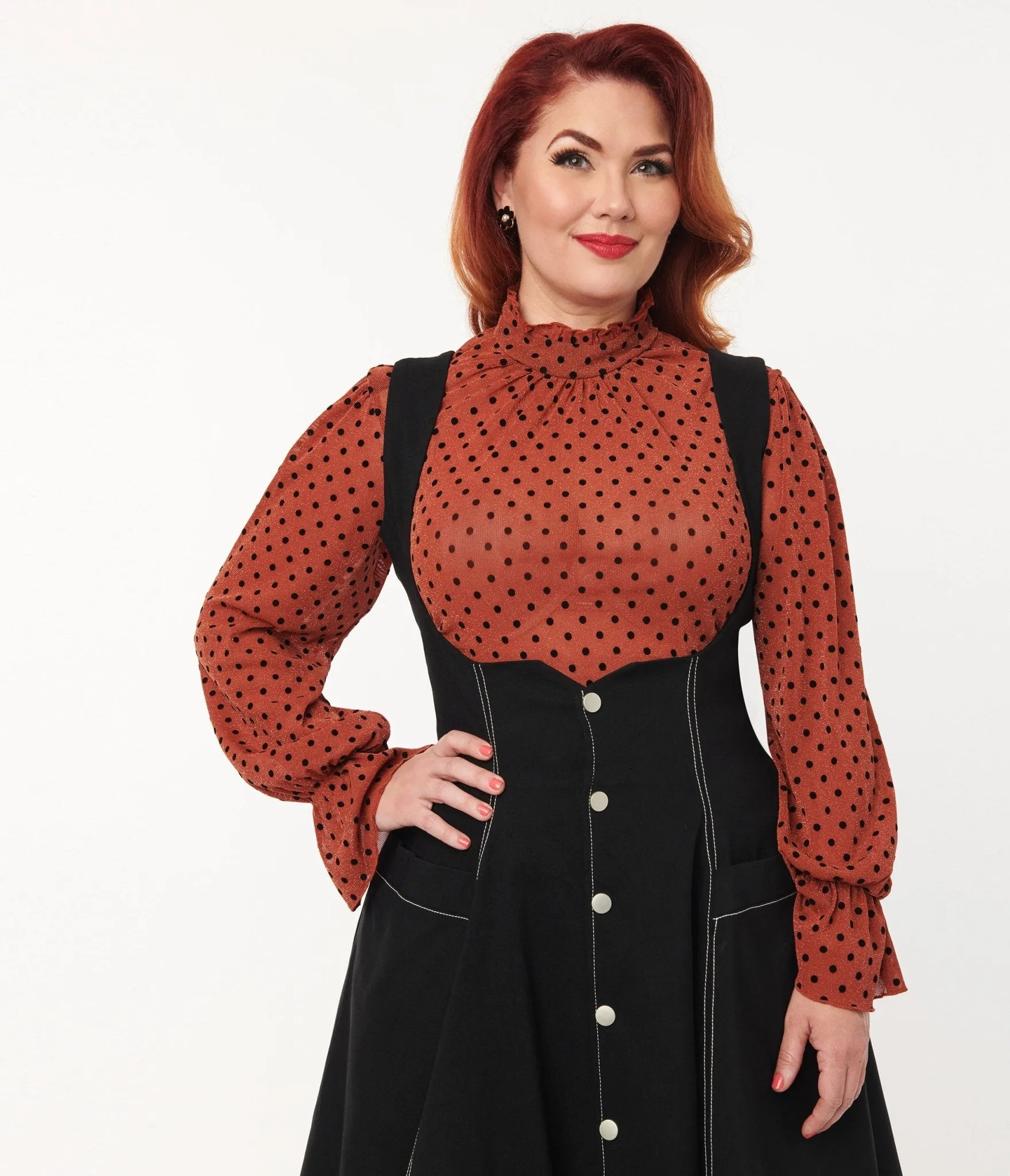 Unique Vintage Rust & Black Polka Dot Donna Blouse