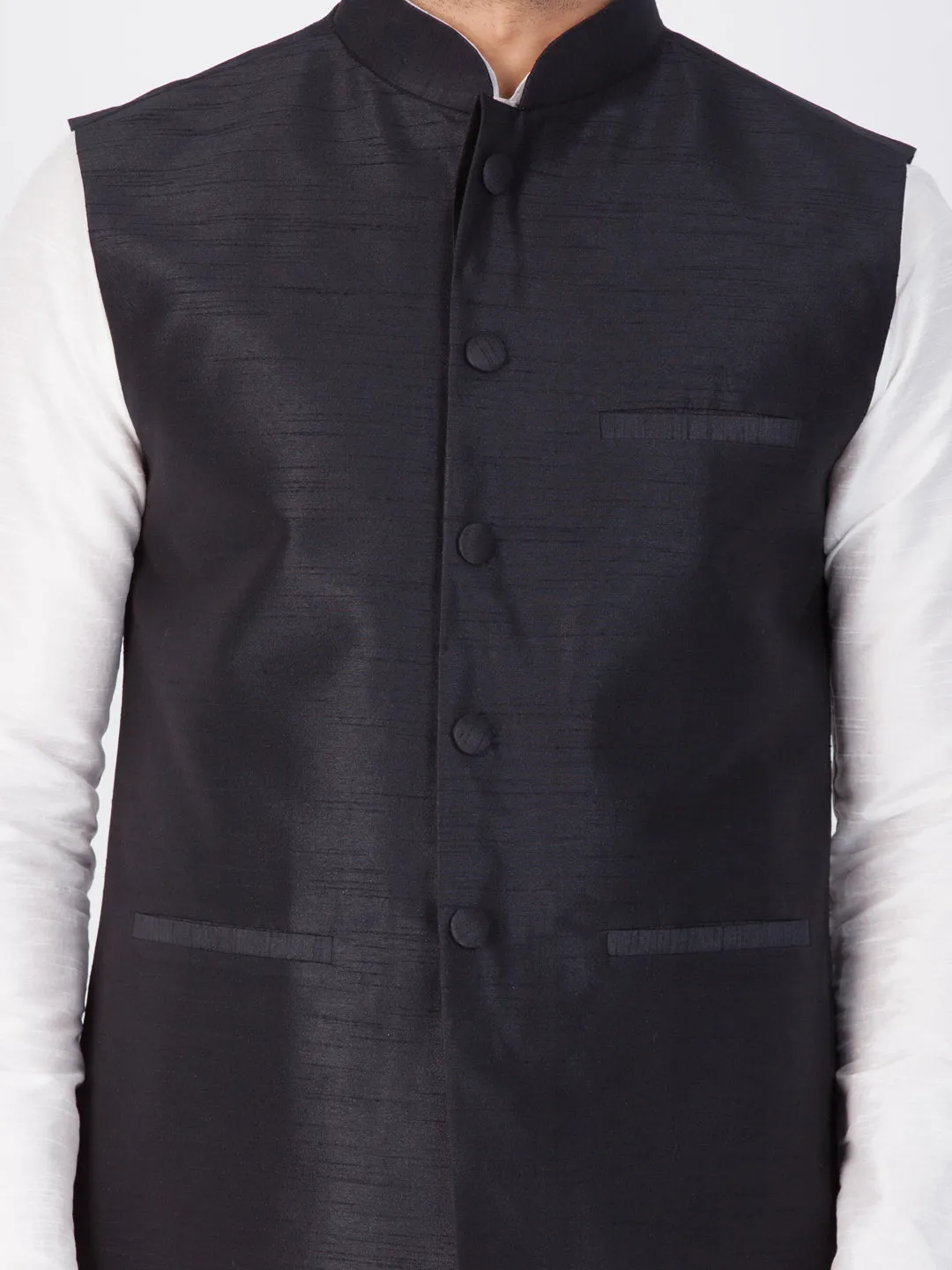 VASTRAMAY Men's Black Cotton Silk Blend Ethnic Jacket