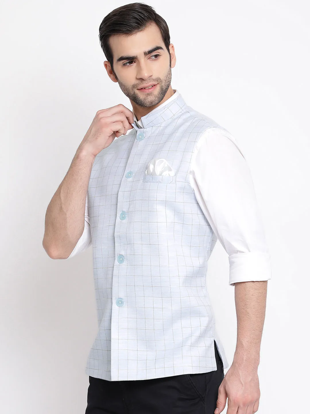 VASTRAMAY Men's Blue Checkered Classic Linen Nehru Jacket