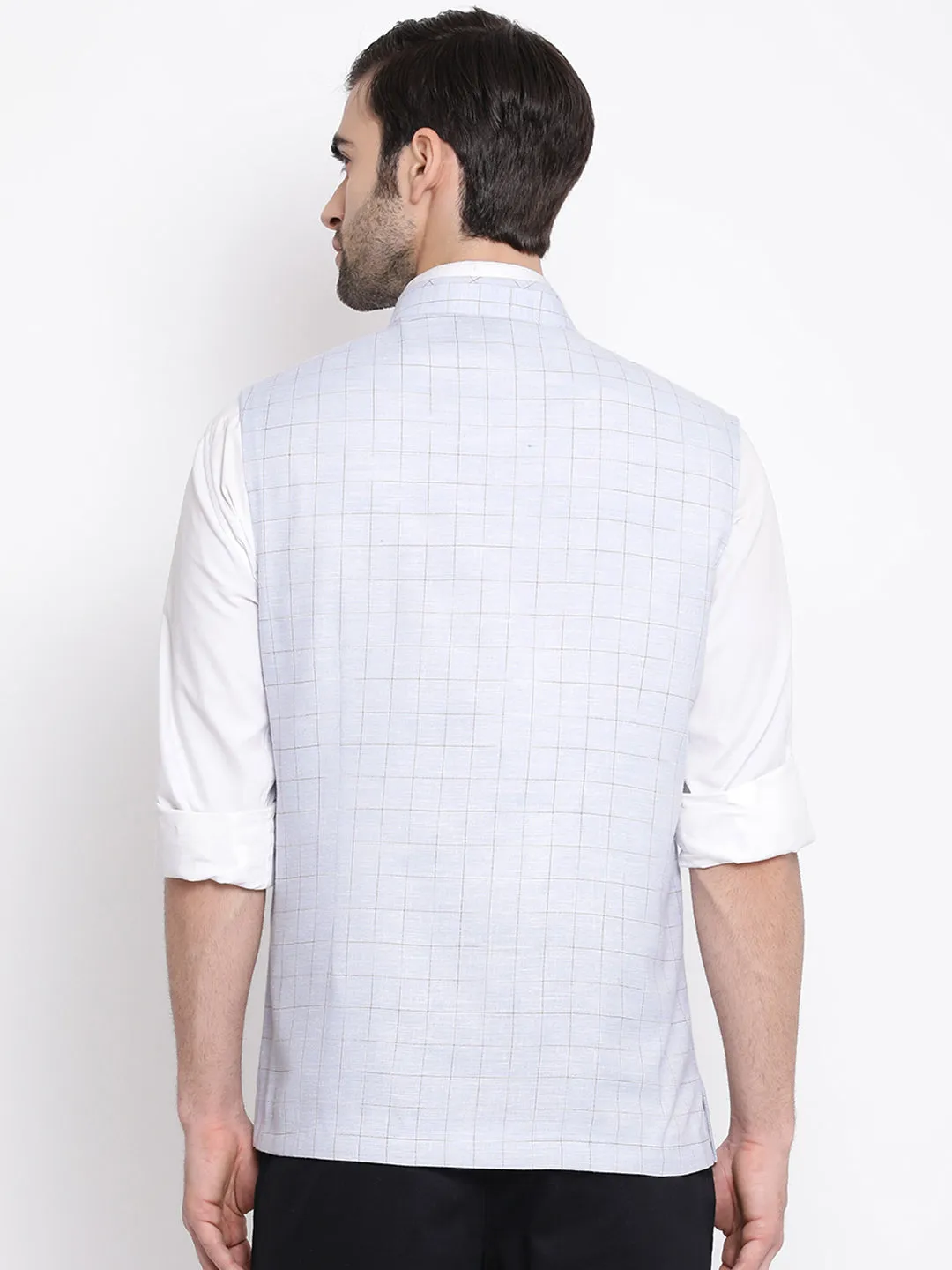 VASTRAMAY Men's Blue Checkered Classic Linen Nehru Jacket