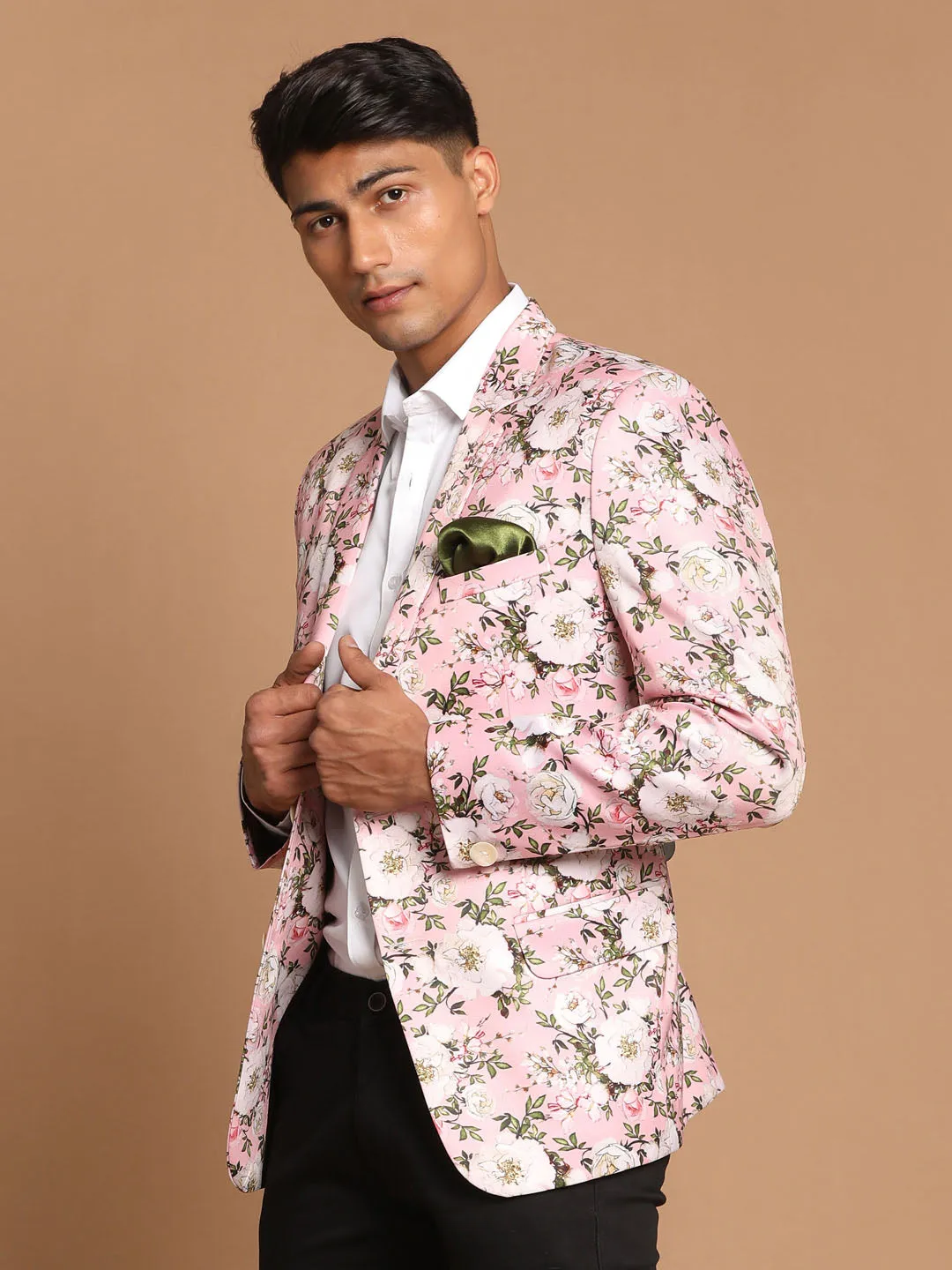 VASTRAMAY Men's Pink Floral Printed Blazer