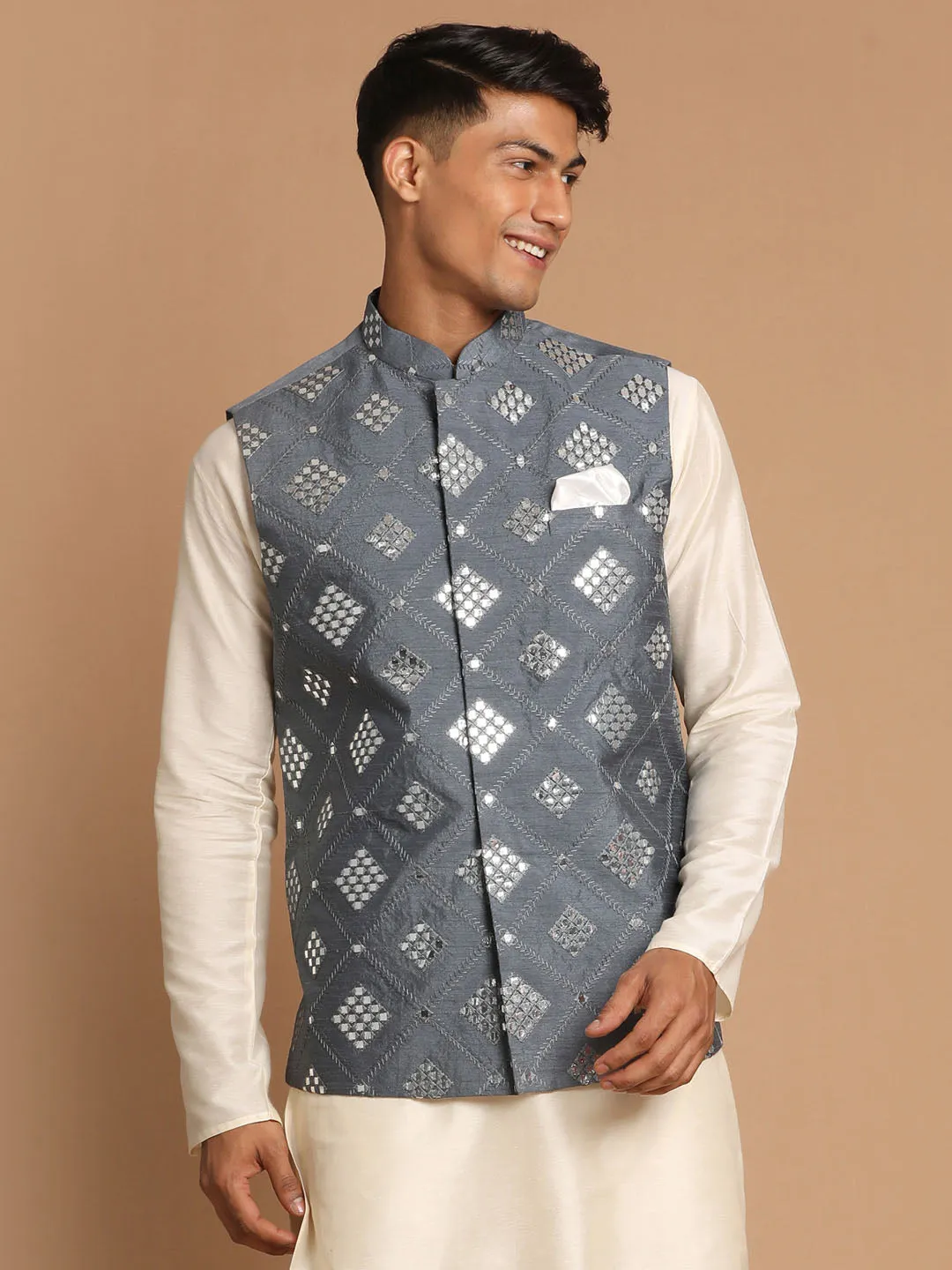 VASTRAMY Men's Grey Mirror-Work Ethnic Jacket