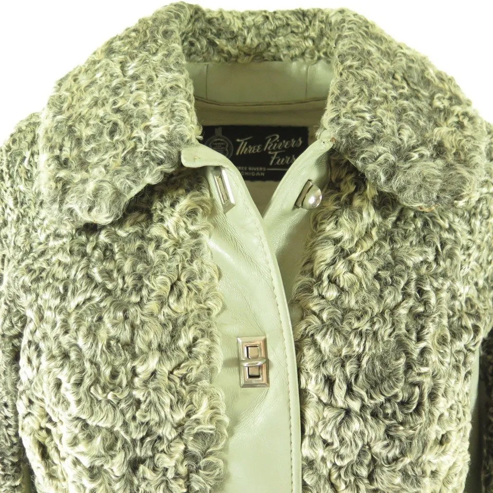 Vintage 70s Curly Lamb Fur Jacket Womens M Gray Metal Toggle USA Shearling