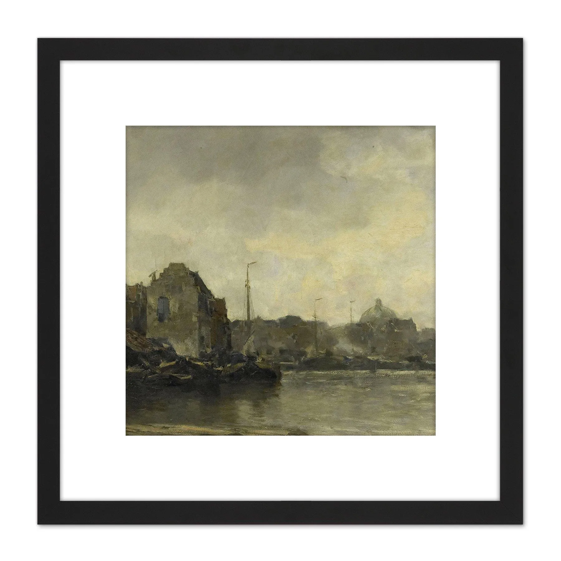 Wall Art & Pictures | Jacob Maris Cityscape Ships Painting 8X8 Inch Square Wooden Framed Wall Art Print Picture with Mount |