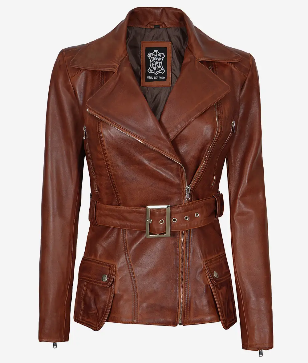 Women's Asymmetrical Cognac Wax Four-Pocket Belted Moto Jacket