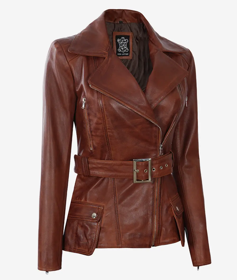 Women's Asymmetrical Cognac Wax Four-Pocket Belted Moto Jacket