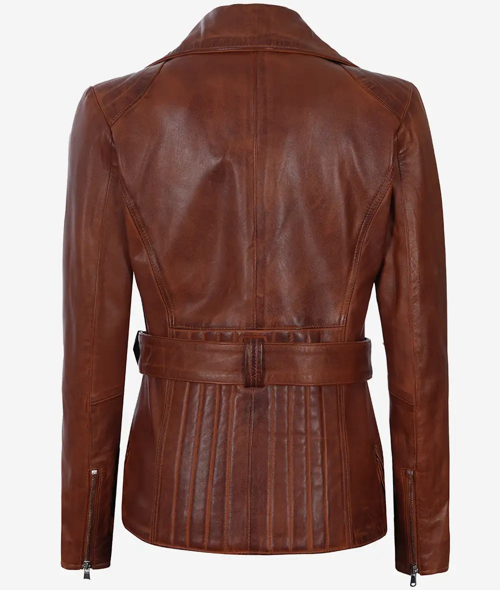 Women's Asymmetrical Cognac Wax Four-Pocket Belted Moto Jacket