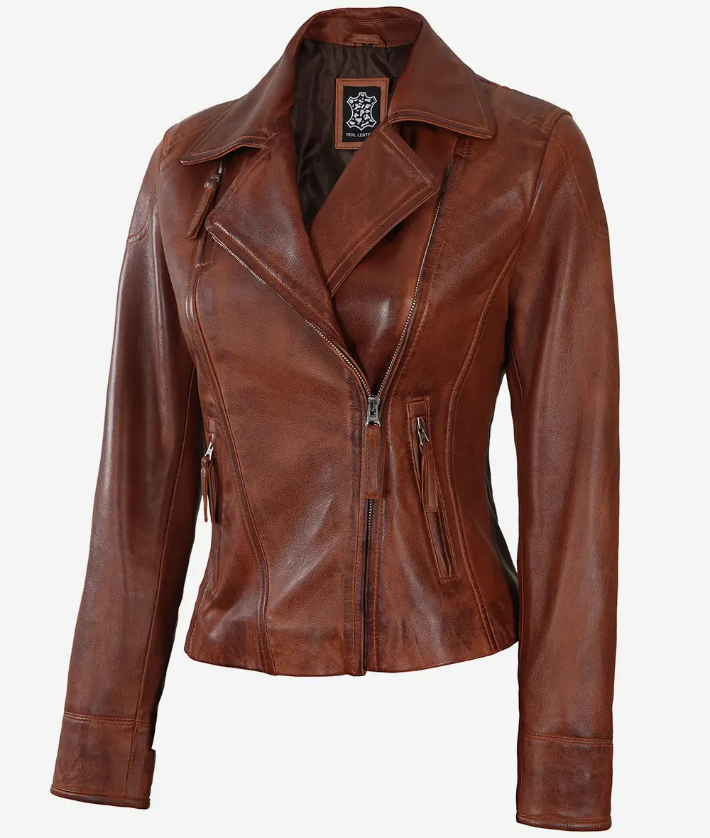 Women's Cognac Brown Asymmetrical Leather Biker Jacket