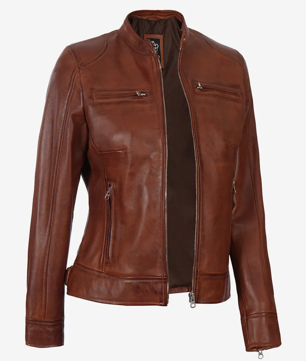 Women's Cognac Waxed Real Leather Moto Jacket