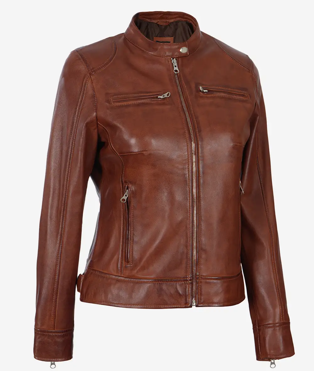 Women's Cognac Waxed Real Leather Moto Jacket