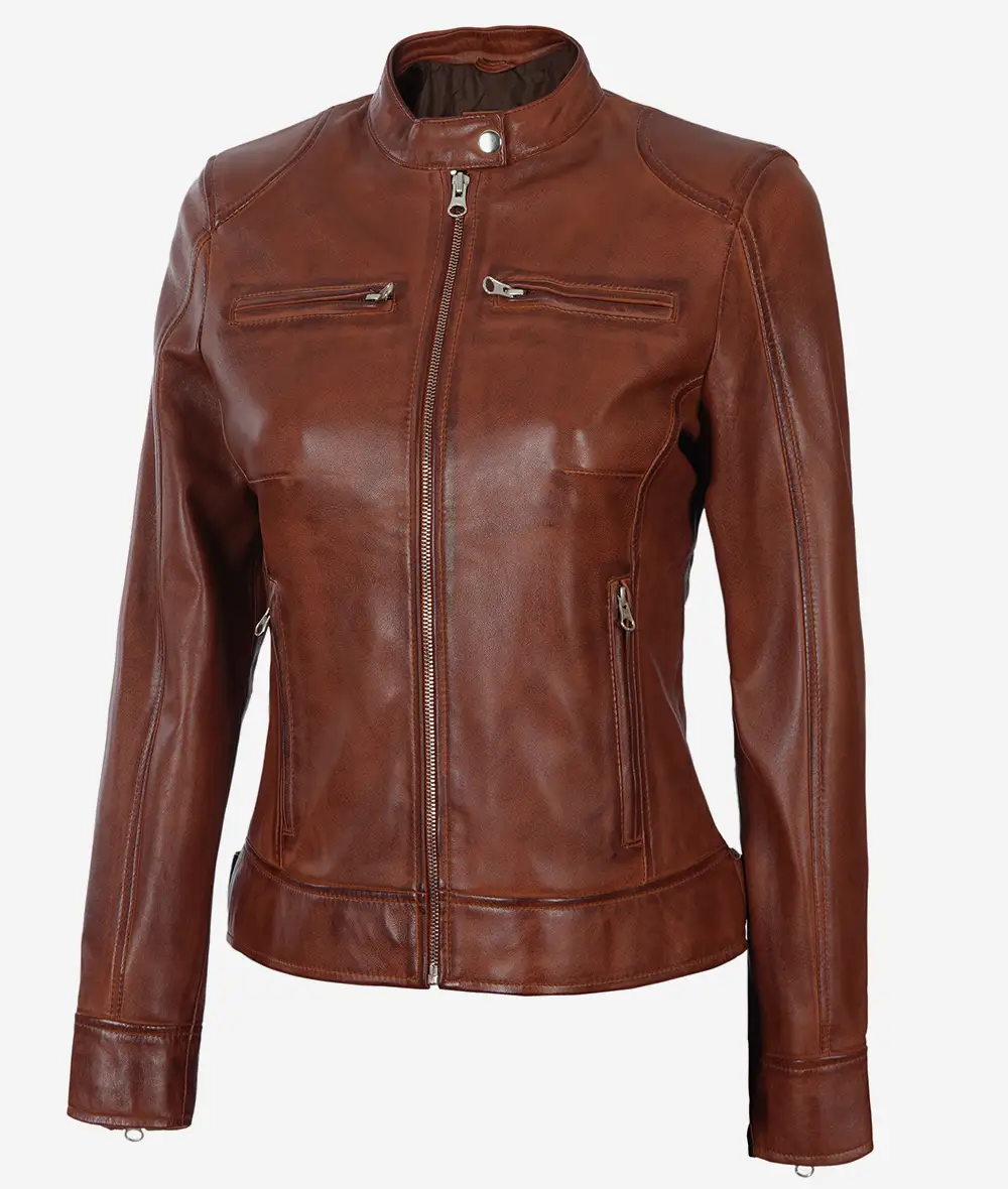 Women's Cognac Waxed Real Leather Moto Jacket