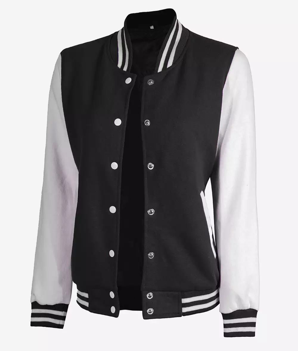 Women's White and Black Baseball-Style Varsity Jacket