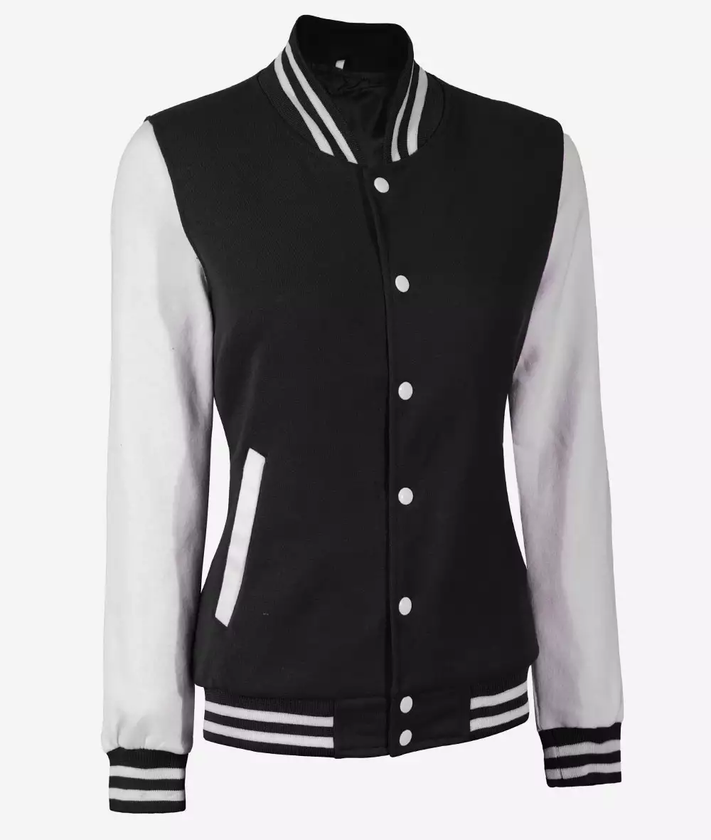 Women's White and Black Baseball-Style Varsity Jacket