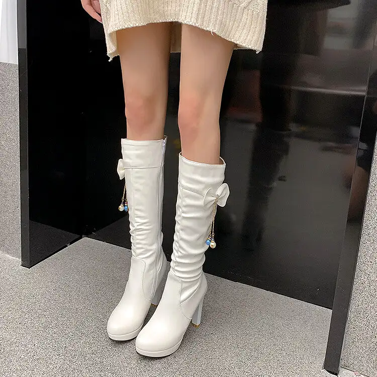 Women's Bow Tie Tassel Side Zippers Block Chunky Heel Platform Knee High Boots