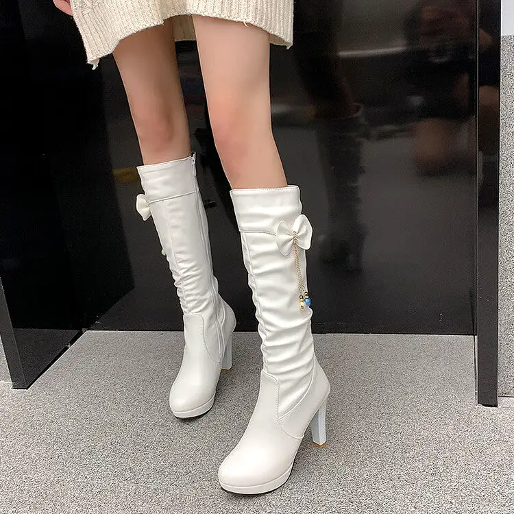 Women's Bow Tie Tassel Side Zippers Block Chunky Heel Platform Knee High Boots